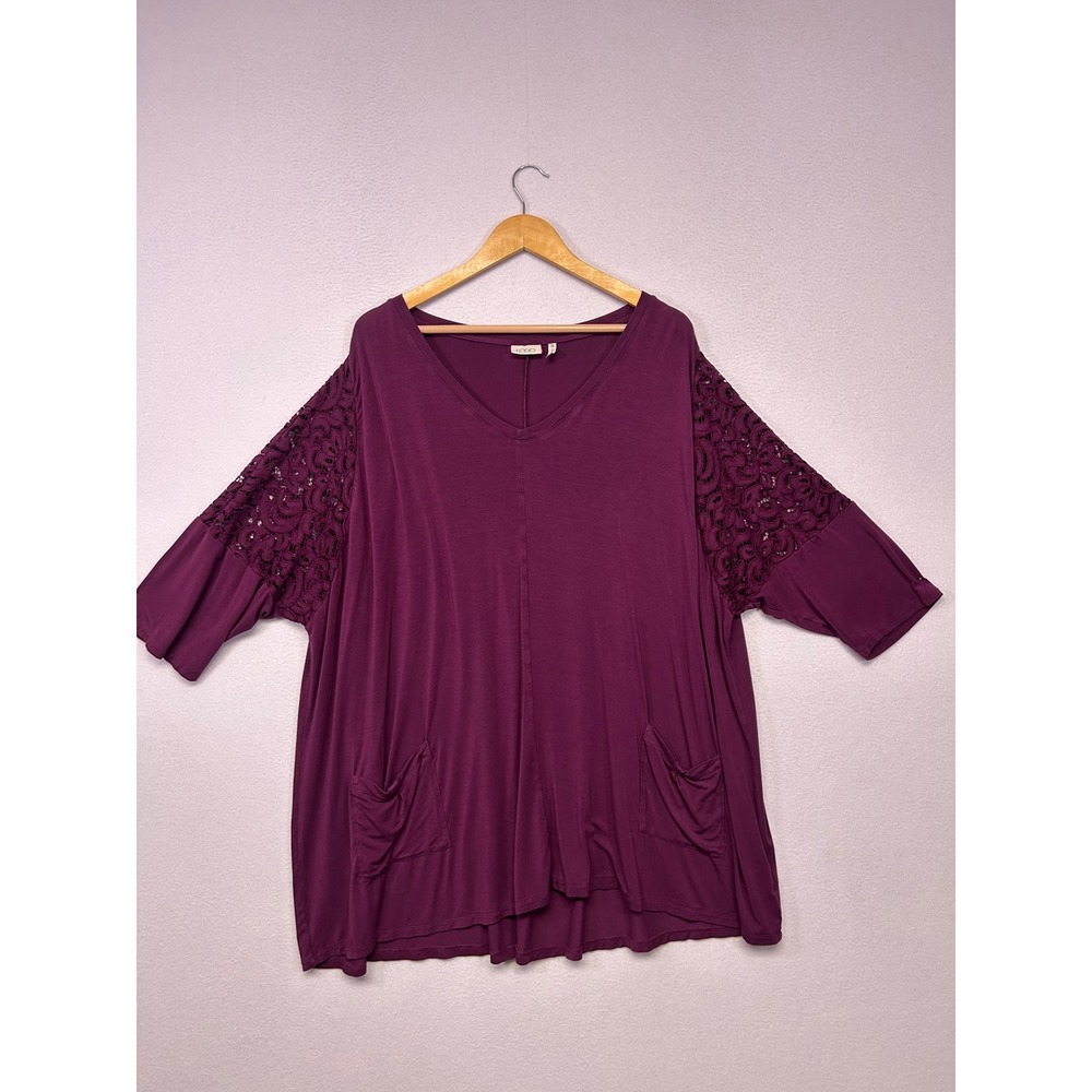 Boho Lace Tunic LOGO Lori Goldstein Womens 3X Purple V-Neck Crochet Sleeve Top